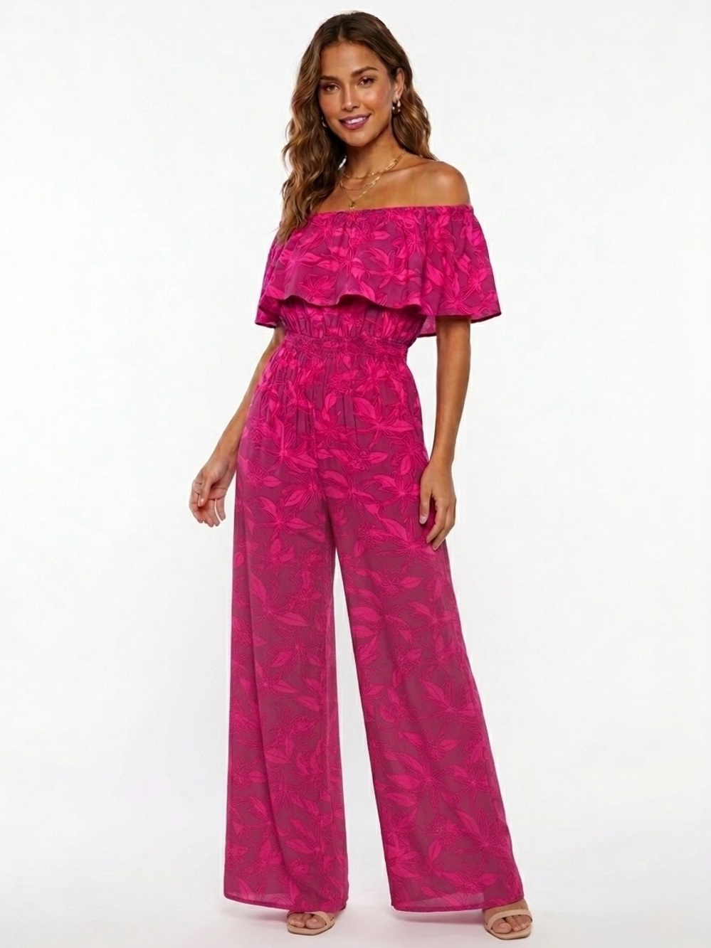 Island Edge Designs Pink Tropical Floral Off-The-Shoulder Jumpsuit-Sz M -NWT